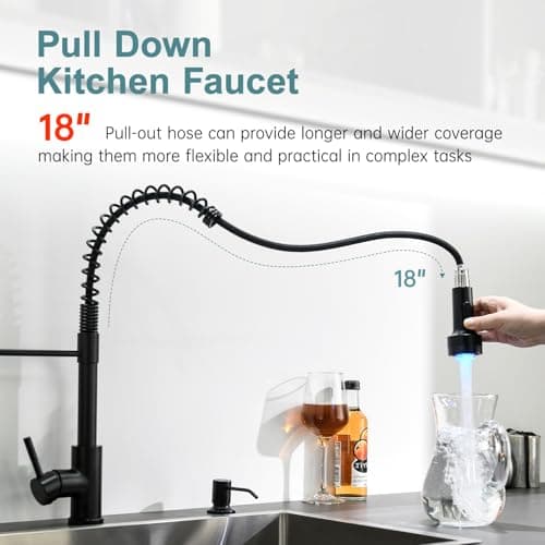 GIMILI Black Kitchen Faucet with Soap Dispenser Single Hole Pull Down Sprayer LED Faucet, Suitable for Farmhouses, RV, Laundry Room, Outdoor, and Campers. Llave para fregadero de cocina
