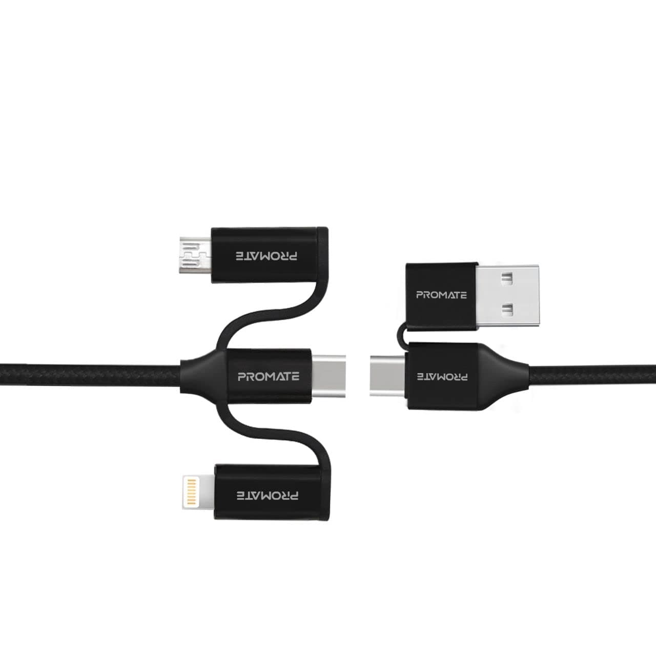 Promate 6-In-1 Multi Charging Cable, Lightning, USB-C, Micro USB Connectors to USB-A and USB-C Fast Sync Charging Cable Data Cord, 60W Type-C to Type-C Power Delivery for iPhone 15, PentaPower Black