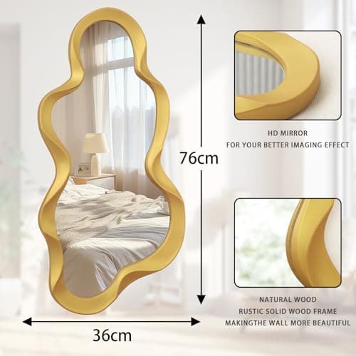 Large Asymmetrical Mirror Irregular Wood Frame Modern Unique Wall-Mounted Artistic Wavy Mirrors Decor Bathroom Vanity Bedroom Living Room Entryway Hallway 76x36cm