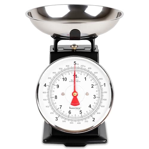 Innoteck Essentials Kitchen Scales - Mechanical Kitchen Scale - Compact, Analogue, Easy to Read, 5 kg Capacity, Large Dial - Dishwasher Safe Detachable Bowl - Ingredients Measurement Scale - Black