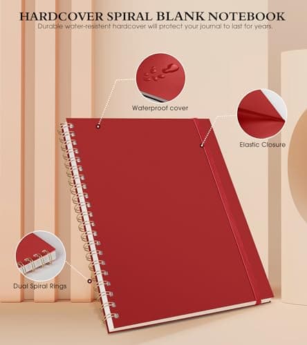 Blank Notebook, Spiral Notebook Journal 8.5” x 11”, A4 Large Blank Notebooks for Women Men, 100 GSM Paper, Plastic Hardcover Spiral Blank Journals for Writing Work School Sketching Business, Red