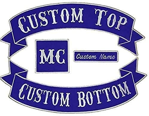 USA Made Custom Embroidered Patches 4pc Patch Set |13" Top and Bottom Rocker Patches, 1x4" Name Tag, 3" Square | Biker Patches(Blue)