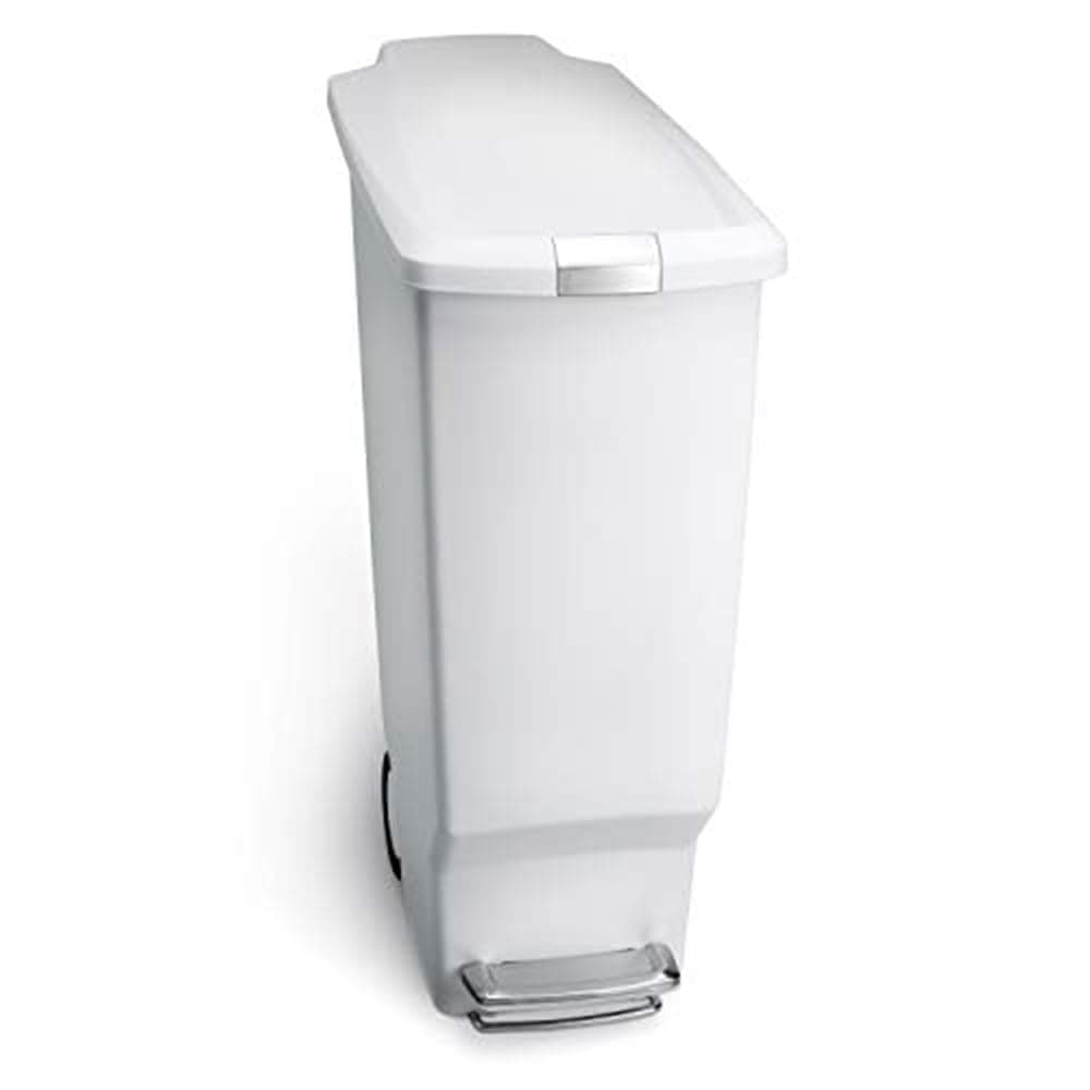 simplehuman 40 Liter / 10.6 Gallon Slim Kitchen Step Trash Can With Secure Slide Lock, White Plastic