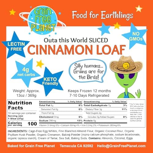 Grain Free Planet's 100% Grain Free, Thin Sliced, Cinnamon Bread | Clean Keto, Lectin Free, Yeast Free, Gluten Free | 0g Added Sugars, 4g Net Carbs, and 6g Protein per Slice | 6 Loaves per Pack