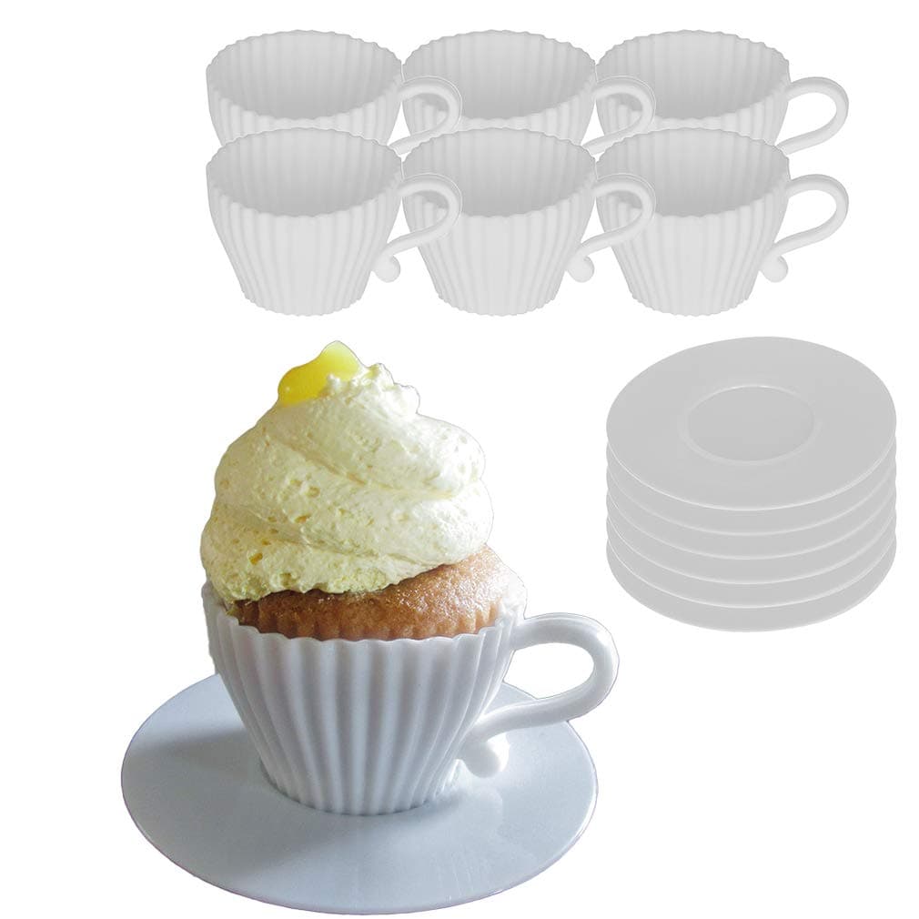 Evelots Teacup Silicone Cupcake Liners for Baking 12 Pc Set Oven Safe Non Stick (6 Cups & 6 Saucers) Reusable Baking Muffin Cups - BPA Free -2 Colors