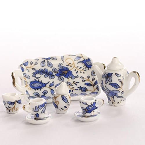 Miniature Elegant Blue Floral Painted Ceramic Tea Set