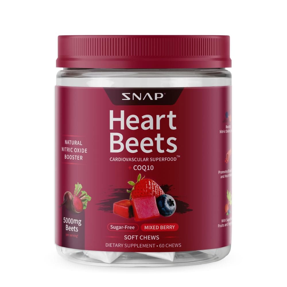 Heart Beets Beet Root Soft Chews, Cardiovascular Support Supplement for Men & Women, CoQ10 & Acai, Energy & Circulation Support, Sugar Free, Mixed Berry, 60 Soft Chews
