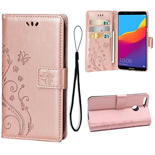 Teebo Wallet Case for Huawei Y6 2018/Honor 7A, 3 Card Holder Embossed Butterfly Flower PU Leather Magnetic Flip Cover for Huawei Y6 2018/Honor 7A(Rose Gold)