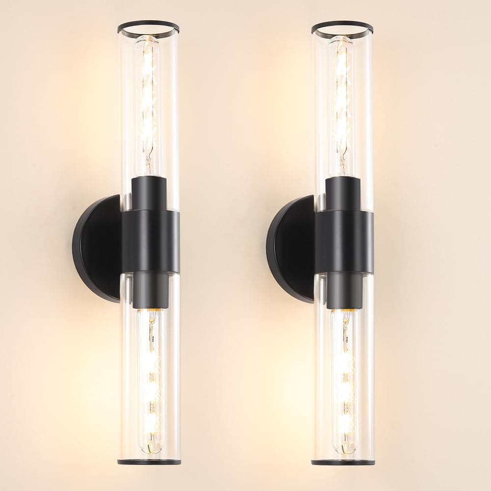 Matte Black Bathroom Sconces Wall Lighting, 2 Light Hardwired Bathroom Vanity Light, Modern Wall Sconce set of Two, Wall Mounted Light for Mirror, Makeup Vanity, Washroom, Hallway (Bulbs Not Included)