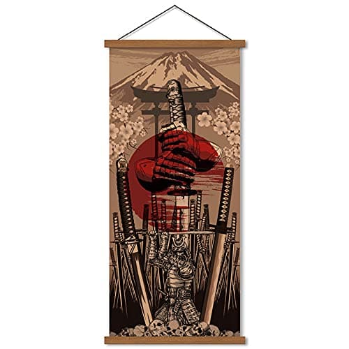 Japan Wall Art Armor Samurai Sword Poster Print On Canvas Skeleton Oriental Art Decoration Wood Framed To Hanging 16”X35”