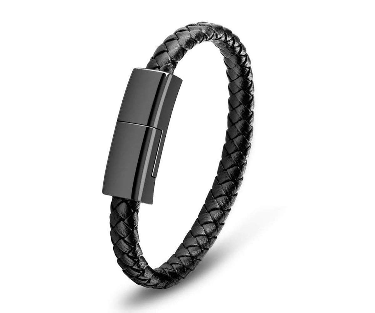 TaygateBracelet USB Charging Cable Data Charging Cord for iPhone- Portable Travel Durable Braided Leather Charging Wrist Clasp USB for Apple iPhone Plus X XR Xs Max (Black-7.2 inch)