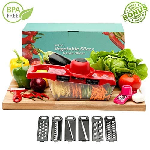 Mandoline Vegetable Slicer, Chopper, Cutter, Shredder and Grater, Multi-Functional – 6 Interchangeable Stainless Steel Blades W/Bonus Garlic Slicer, Peeler, Food Storage Container and Hand Protector.