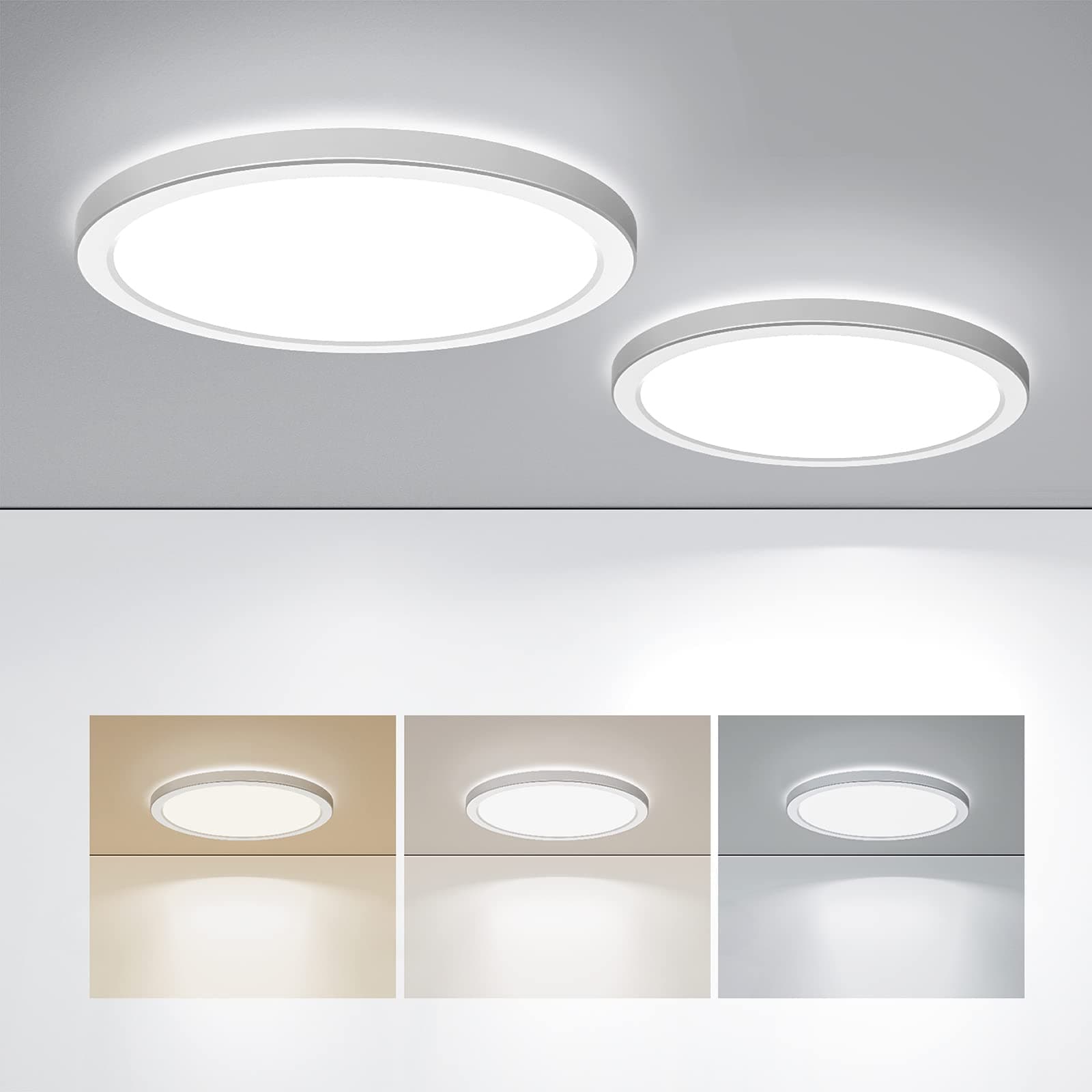 LED Flush Mount Ceiling Light, 9 Inch 18W 3000K/4000K/5000K Hardwire Light Fixture, Ultra Thin Round White Lamp for Kitchen Porch Bedroom Hallway Stairwell Basement, Non-dimmable 2 Pack