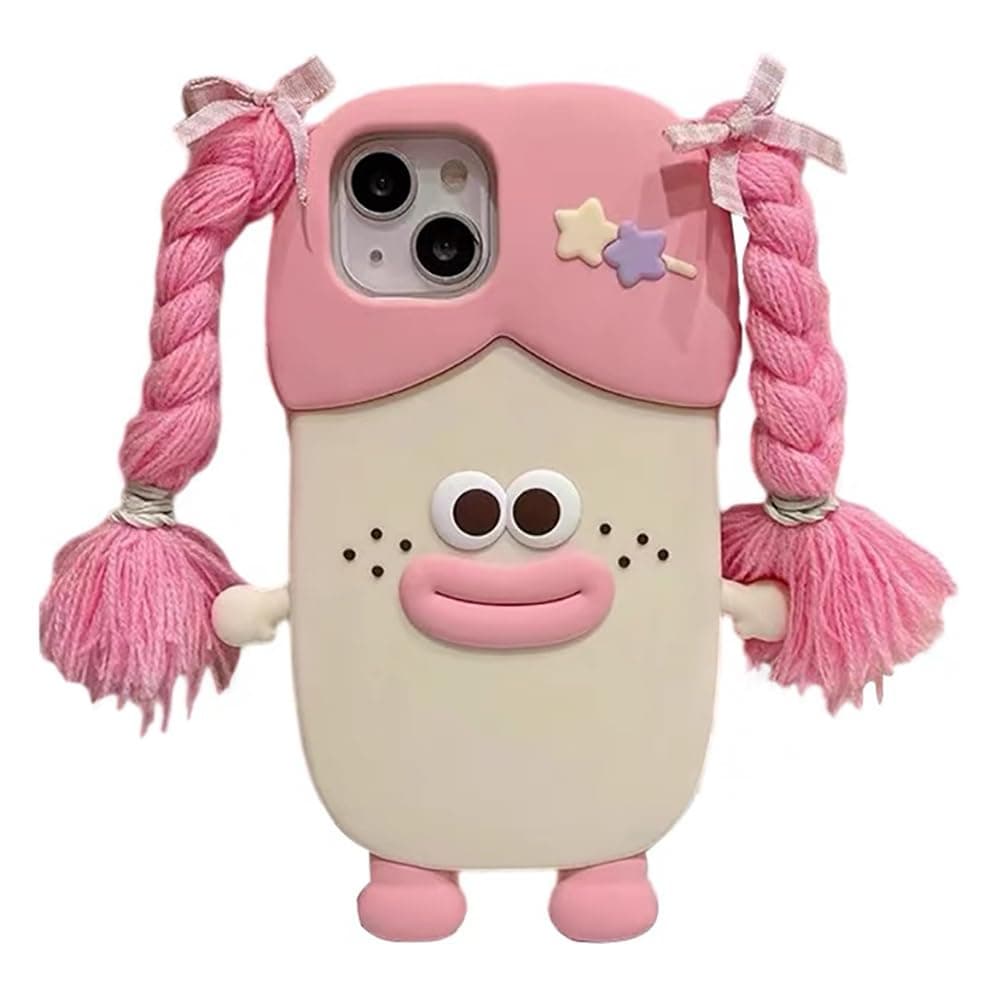 Case Compatible with iPhone 13 Pro Max,Cute 3D Kawaii Funny Braided Sausage Mouth Girl Pink Cartoon Cover with Keychain Soft Silicone Gel Drop Protector Women Girls