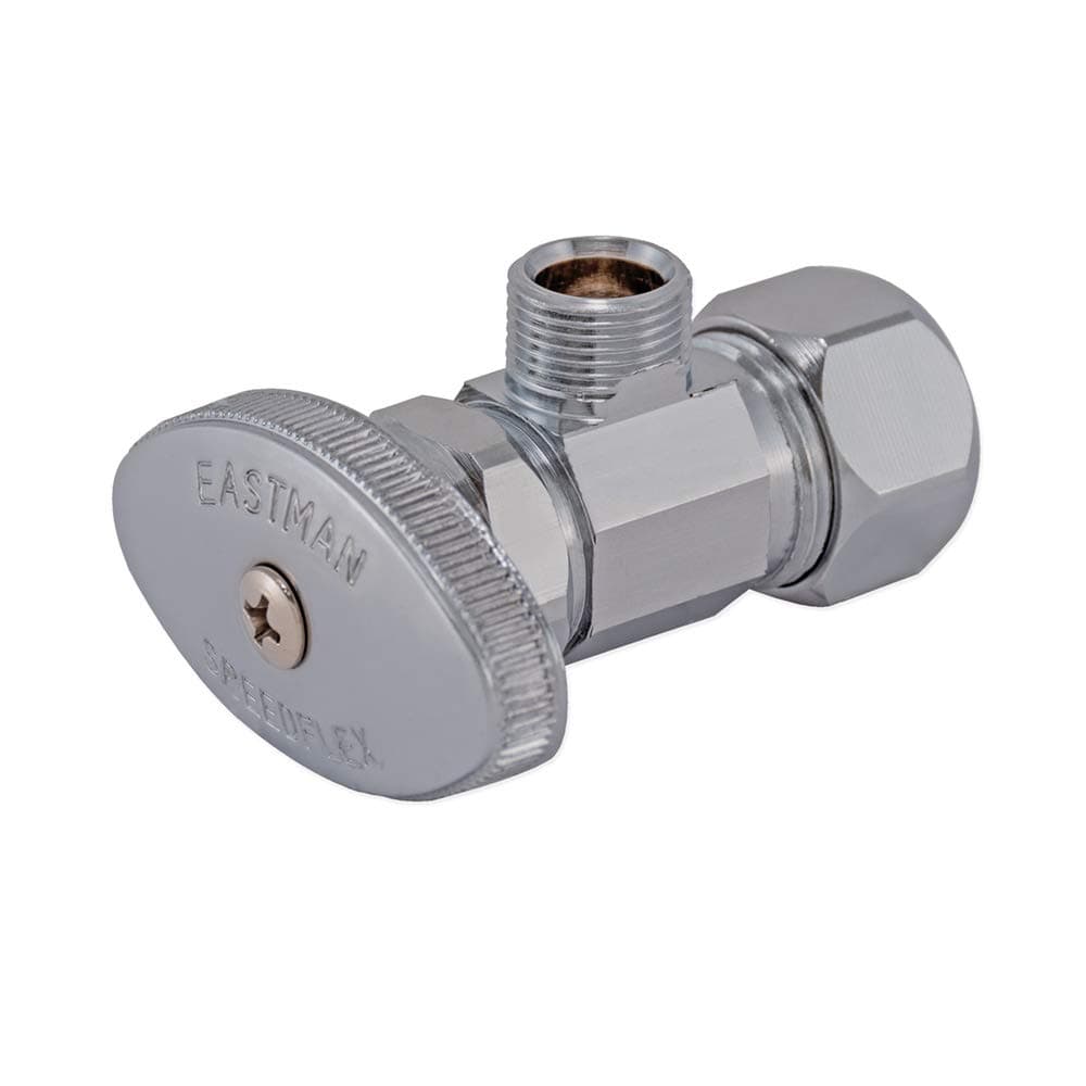 Eastman Multi-Turn Angle Stop Valve with Nut and Sleeve, 3/8 Inch OD x 5/8 Inch OD, Chrome Plate, 48290LF