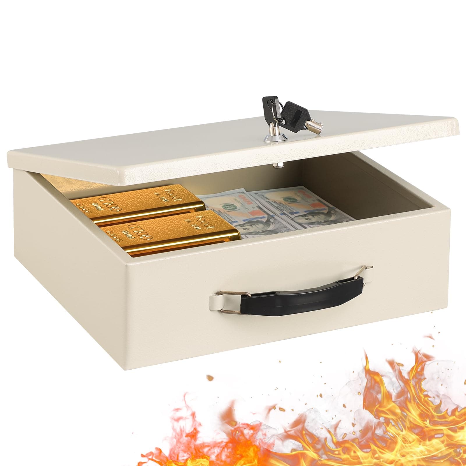 KYODOLED Fireproof Document Box with Key Lock,Safe Storage Box for Valuables,Fire Resistance Security Chest,Fireproof Lock Box for Documents,Passport,Cash,Tablet 13.2'' x 11'' x 4.13'' Beige