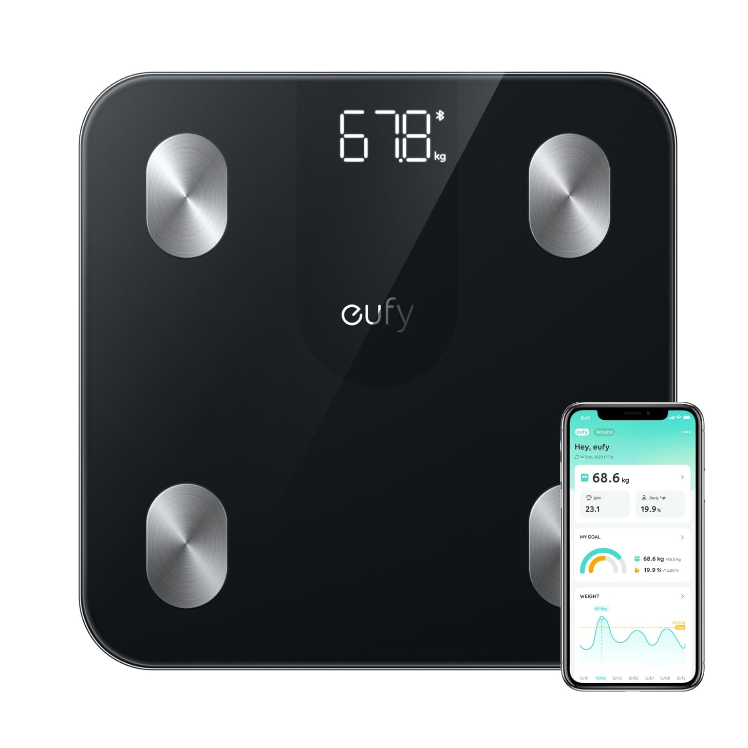Smart Scale A1 with Bluetooth, Body Fat Scale, Wireless Digital Bathroom Scale, 12 Measurements, Weight/Body Fat/BMI, Fitness Body Composition Analysis, Black, lbs/kg.