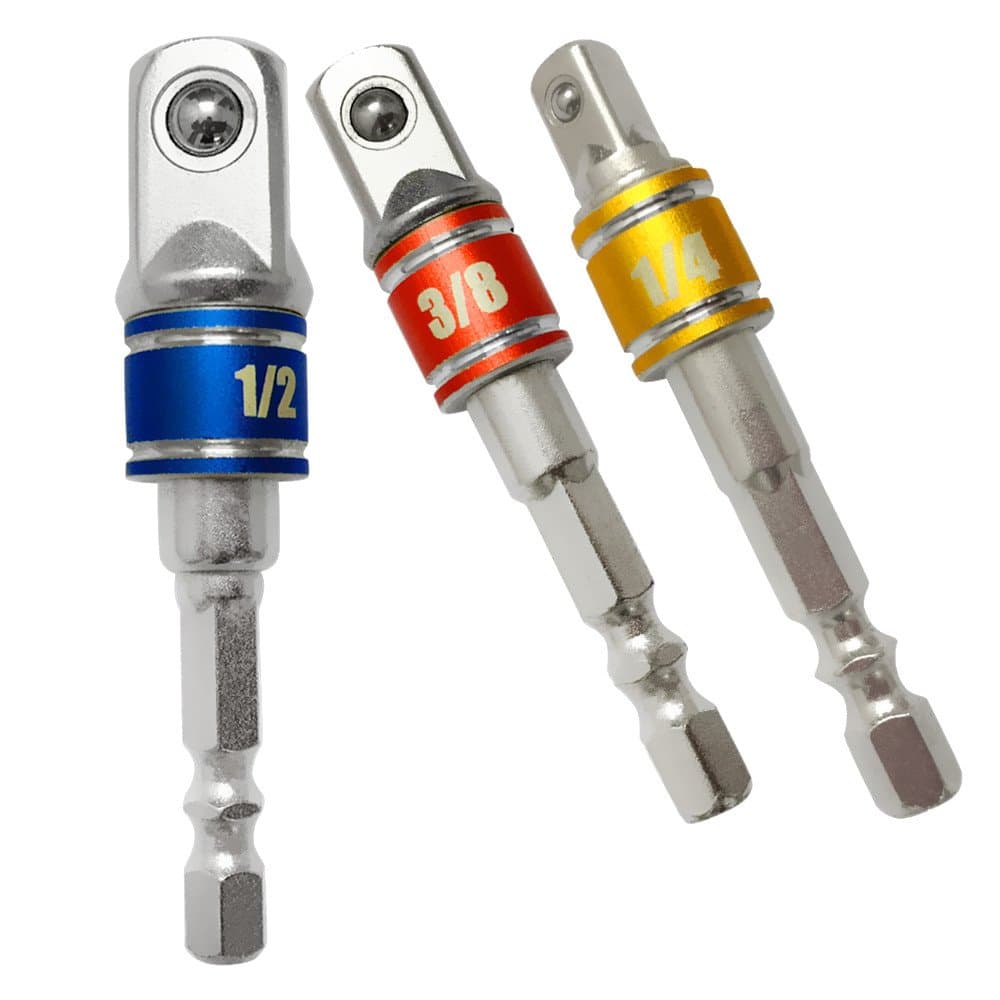 3-Piece Power Adapter Extension Bit Set 1/4-Inch Hex Shank to Drive 1/4" 3/8" 1/2"for Drill CR-V Quick Change Nut Driver Socket Bit Set Adapters to Use with Drill Chucks or Screw Impact Drivers