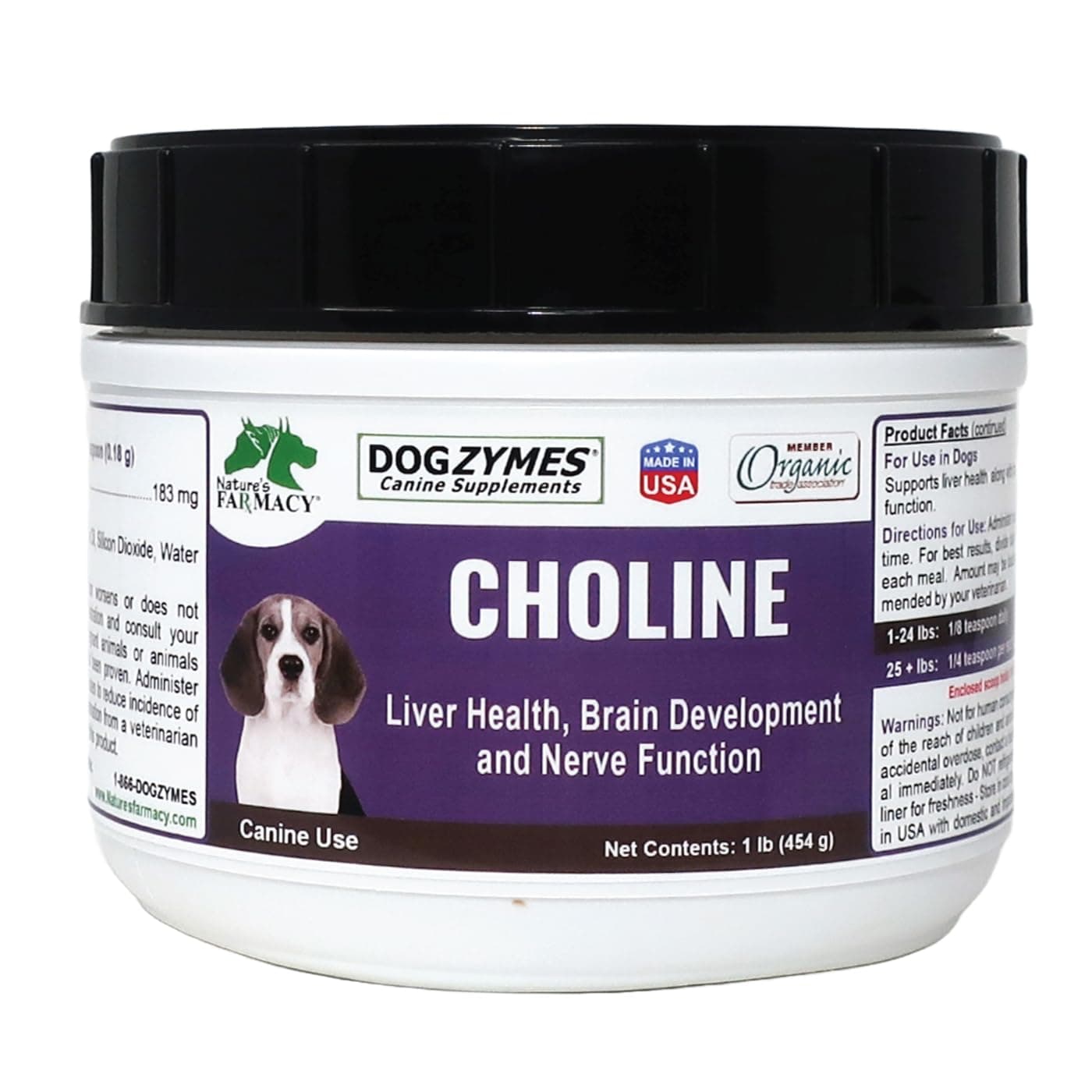 Dogzymes Choline aids in Brain Function and Also Helps with seizures and Stroke Recovery. It is Also Used to Cleanse The Liver of accumulated lipids (1 Pound)