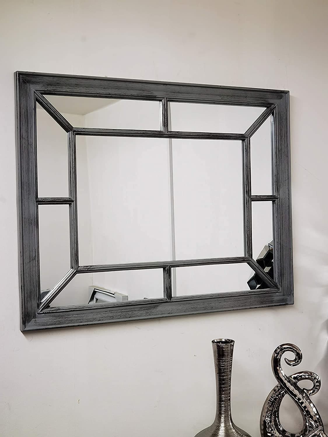 Large Rectangle Antique Window Wall Mirror Stylish Decor Durable Frame Window Style Six Colors, Black Silver, 76x60x2.5CM (DZ-568)