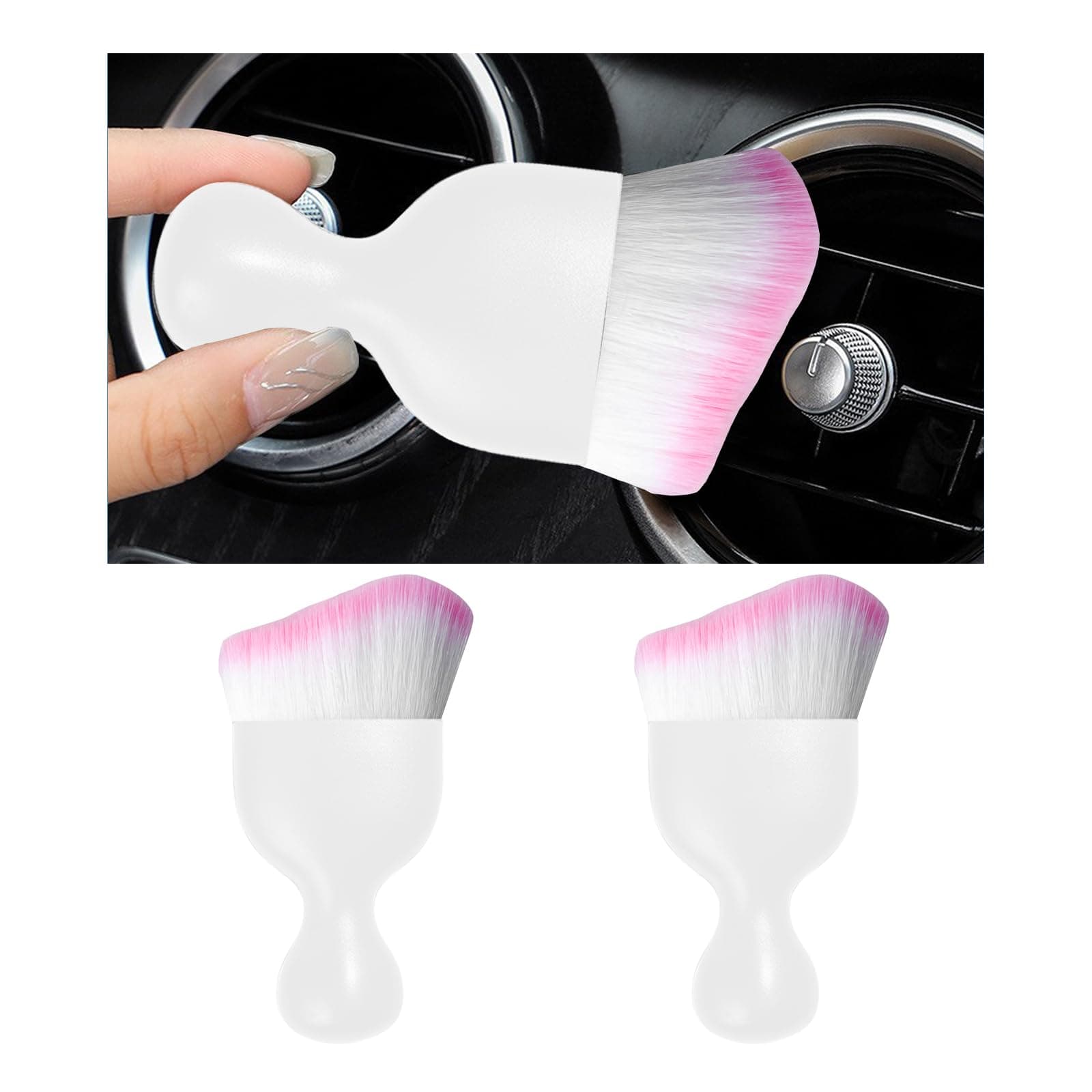 Dickno 2PCS Car Interior Dust Brush, Soft Scratch Free Auto Detailing Brushes, Universal Vehicle Interior Cleaning Tool for Automotive Dashboard, Air Vents, Leather (White & White & Pink)