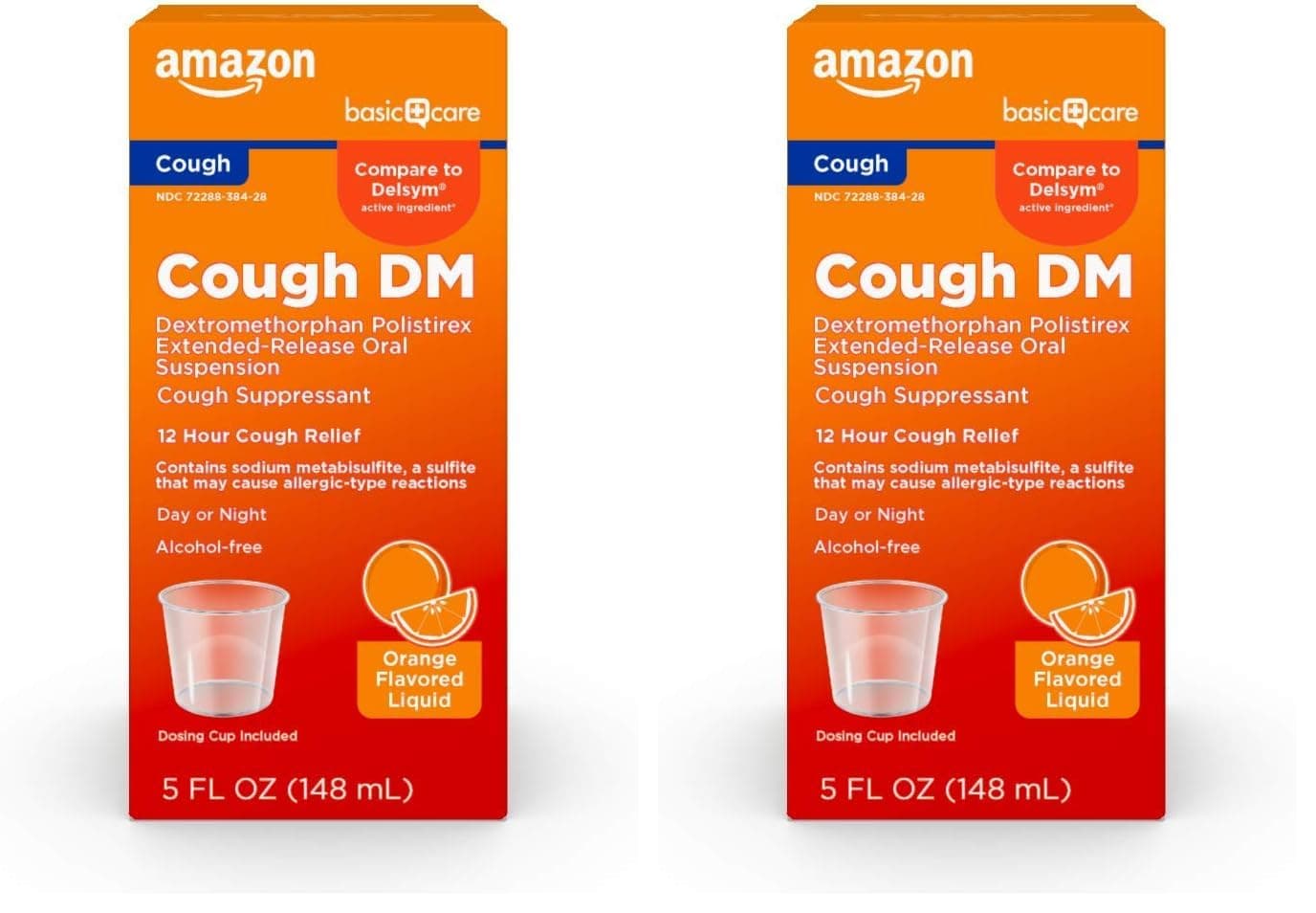 Amazon Basic Care 12 Hour Cough DM Syrup, Extended-Release Dextromethorphan, Orange Flavor Liquid Medicine, 5 fl oz (Pack of 2)