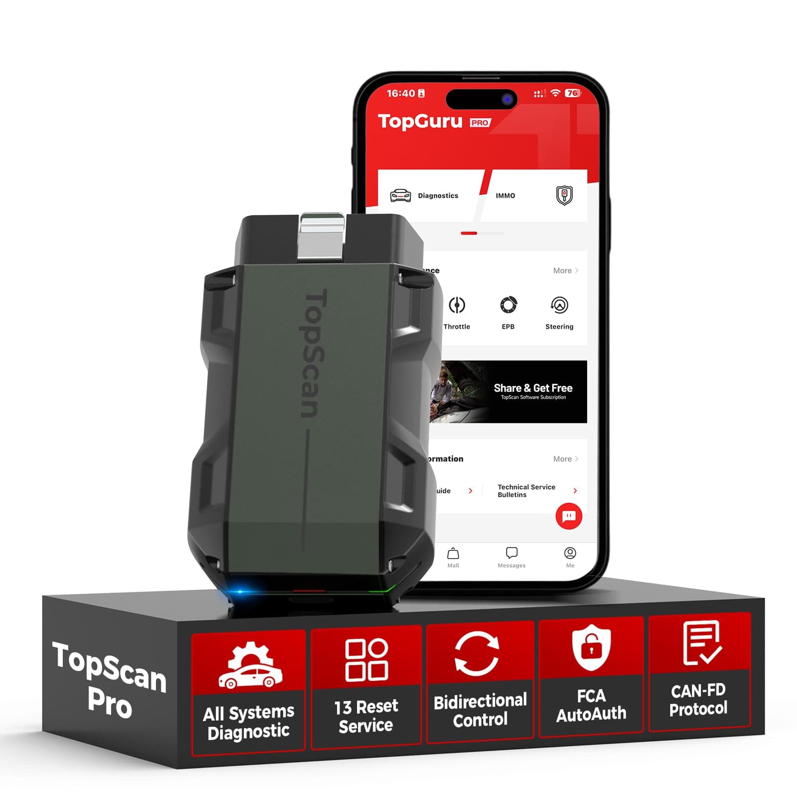 TopScan Pro, OBD2 Scanner Bluetooth for iOS & Android, Diagnostic Scan Tool for All Cars, Car Code Reader with Reset Scanner, 13+ Reset Service, 2024 Upgraded Version of Topscan Lite