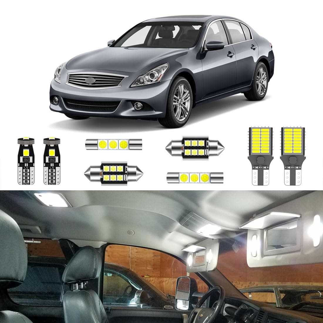 12PCS Super Bright White LED Interior Light Kit Package for Infiniti G35 G37 Sedan 2007 2008 2009 2010 2011 2012 2013 2014 + License Plate Lights and Install Tool