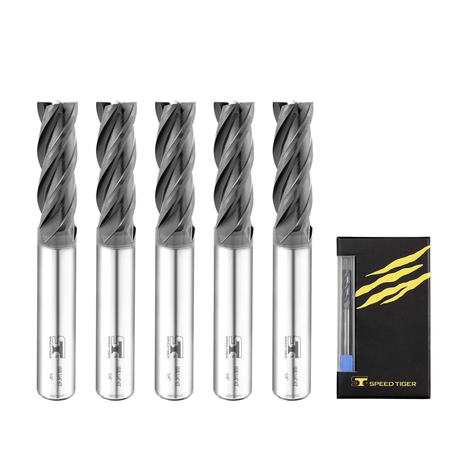 SPEED TIGER ISE Carbide Square End Mill - Micro Grain Carbide End Mill for Alloy Steels/Hardened Steels - AlTiBN Coating - 4 Flute - ISE1/4"4T (5 Pieces, 1/4")