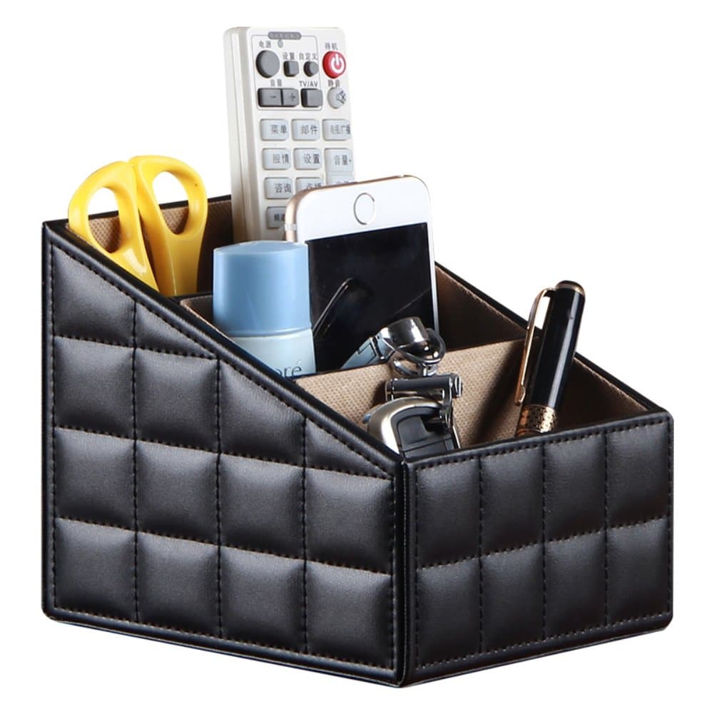 Remote Control Holder, PU Leather TV Remote Control Storage Organizer/Caddy/Rack/Organizer, Pretty Handy Black Media Accessories and Cosmetics Caddy For Bedside, Coffee or End Table (3 Compartments)