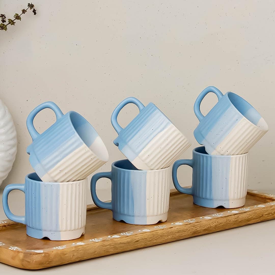 The Earth Store TT Blue Lining Ceramic Tea Cup Set of 6, 180 ML Microwave and Dishwasher Safe Chai/Tea Cup | Coffee Cup | Perfect for Home, Office, Parties & Gifting