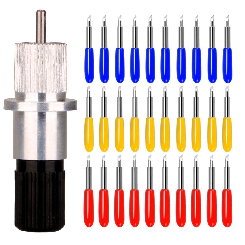 30pcs Vinyl Cutter Plotter Blades - 3 Types, 10pcs 30° Blue/10pcs 45° Red/10pcs 60° Yellow with Blade Holder Base for Roland & Most Domestic and Imported Plotters