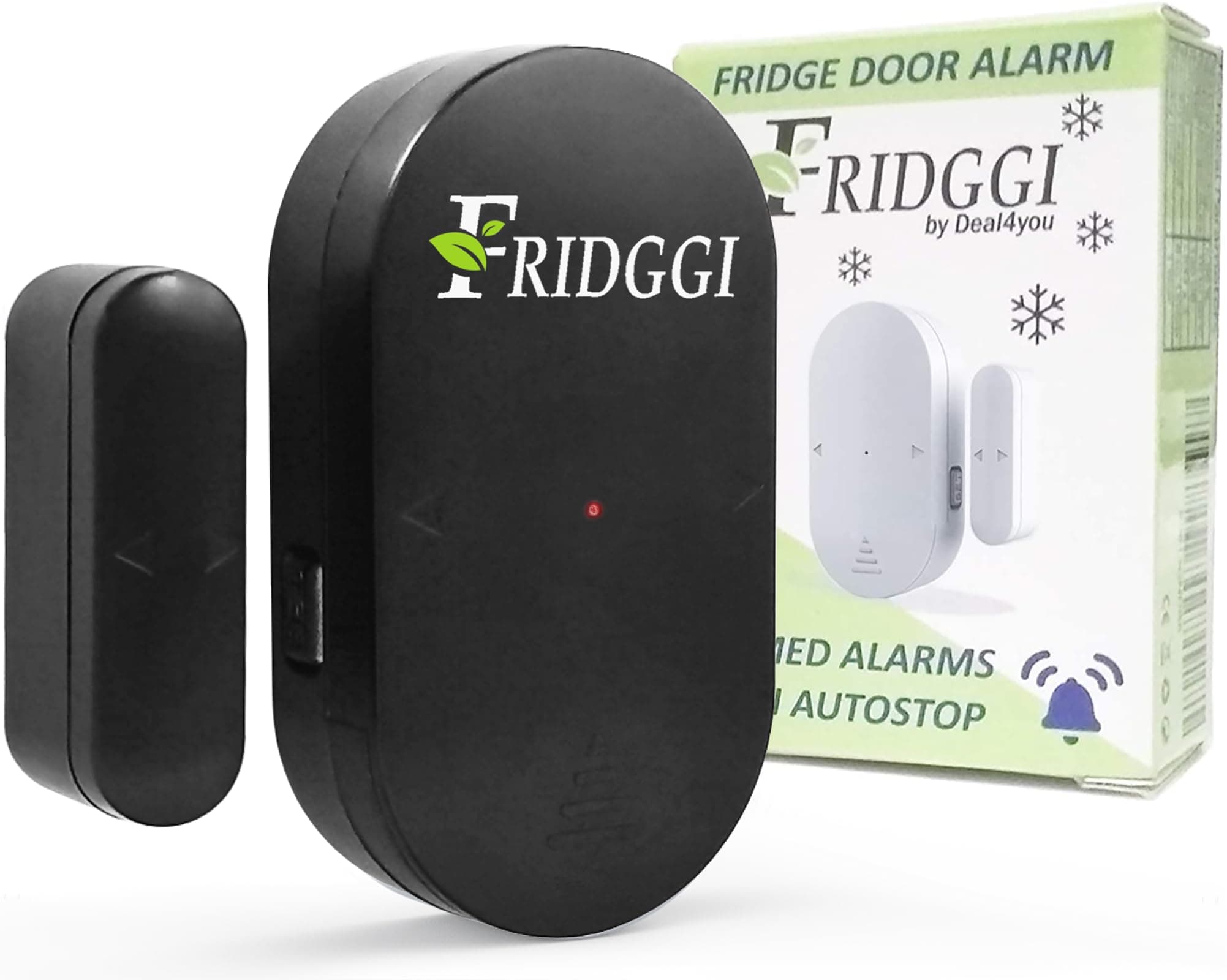 Refrigerator Door Alarm with 60 Second Delay, 2, 3, and 4 Minute Reminders, Freezer Door Chime, Low/Loud 80 to 110 dB – Compact Size. (Black)
