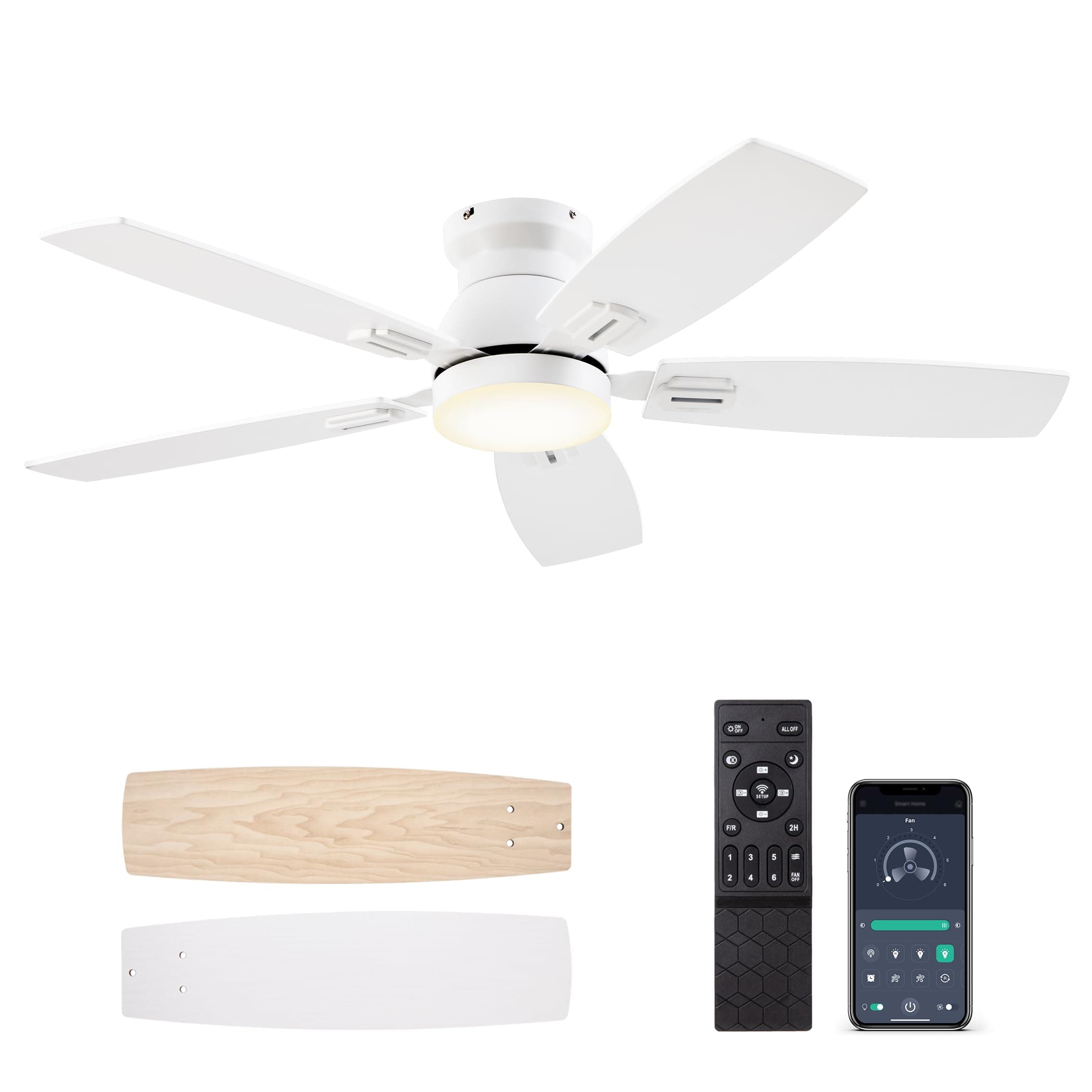 SUNMORY 42" Ceiling Fans with Lights and Remote/APP Control, Low Profile Ceiling Fan with Light, Reversible, Quiet 6 Speeds, Dimmable, Flush Mount Ceiling fan for Bedroom Indoor/Outdoor Use White