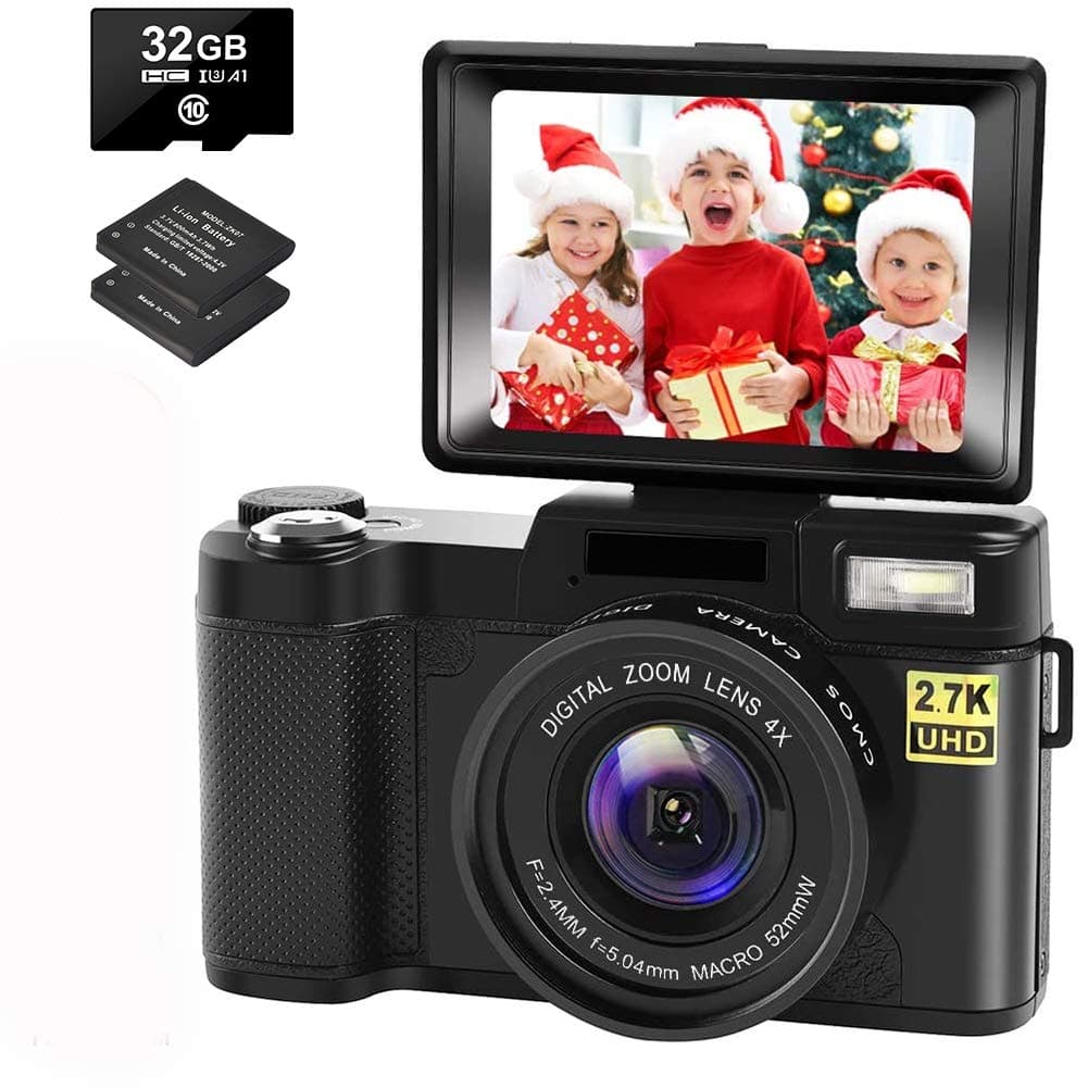 Digital Camera Vlogging Camera with YouTube 30MP Full HD 2.7K Vlog Camera with Flip Screen 180° Rotation with 32GB Memory Card and 2 Batteries (Focus Fixed), Black