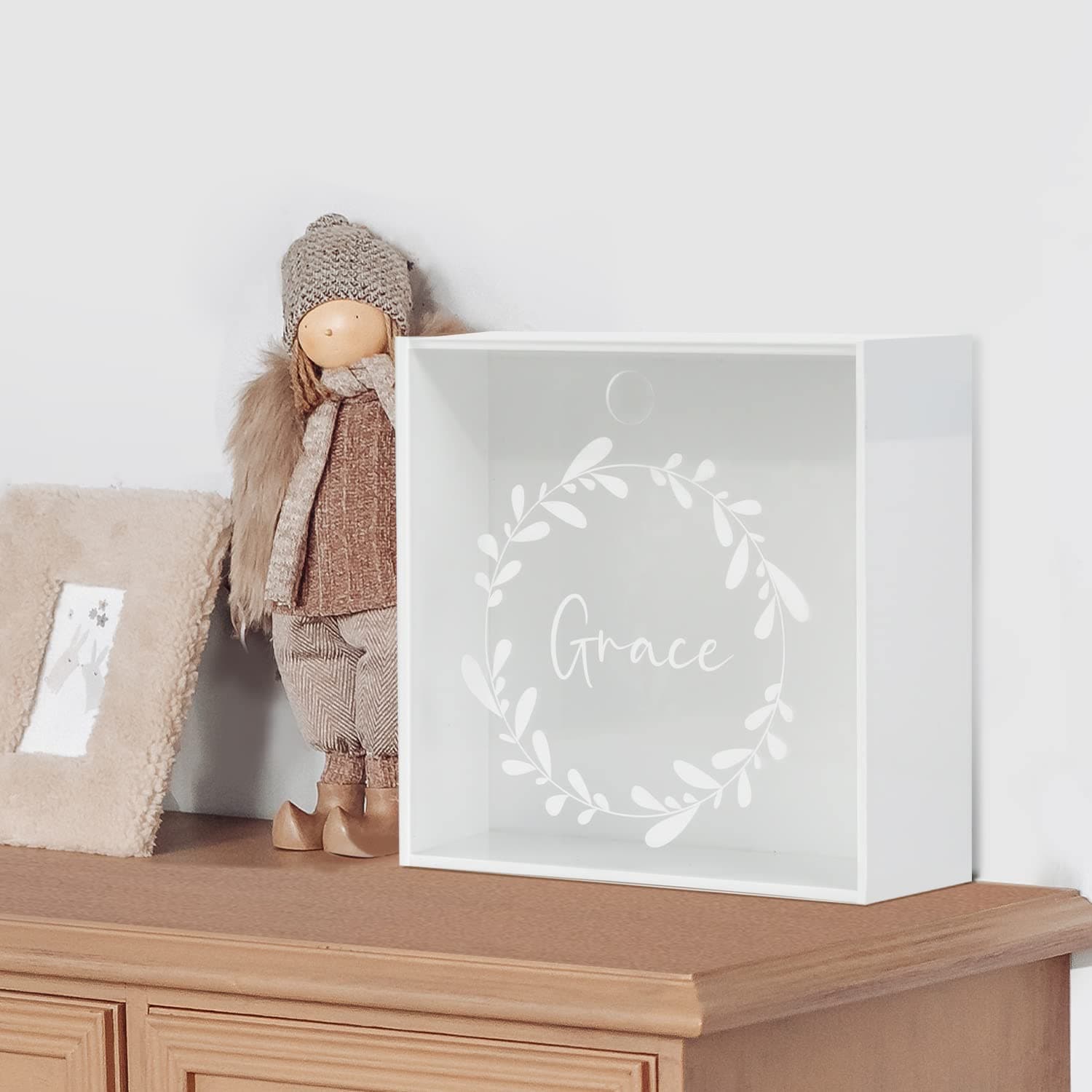 – UNIQOOO White Acrylic Baby Memory Box, DIY Keepsake Box Storage Organizer, 8x8x3 in Clear Lid w/White Botanical Wreath for Baby Shower, Mother to be Gift, Pet Memorial Shadow Box