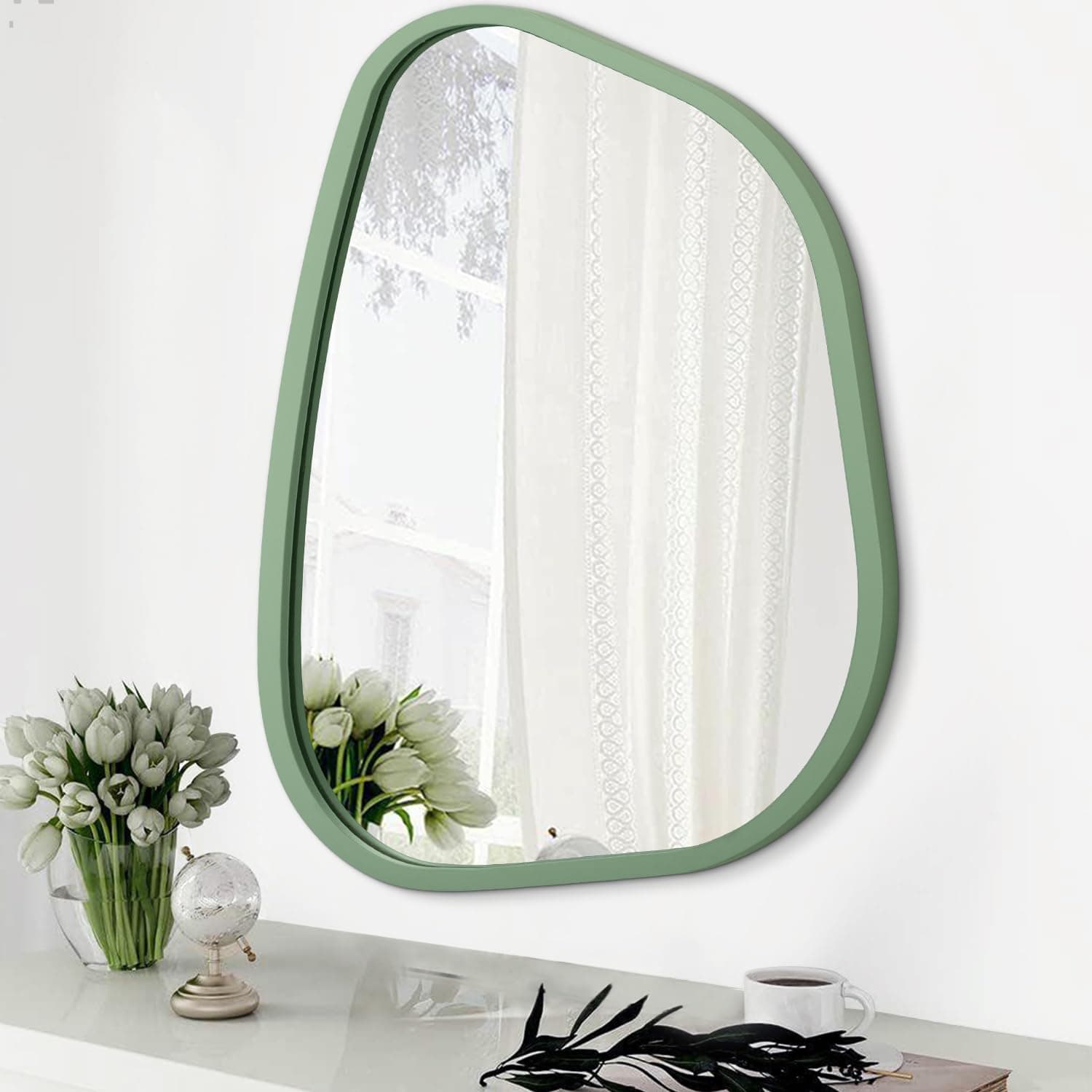 Asymmetrical Mirror for Wall Irregular Accent Wood Frame Modern Unique Wall Mirror Decorative Vanity Bathroom Living Room Bedroom Entryway Hallway Artistic Wavy Mirror Large 26"x18"