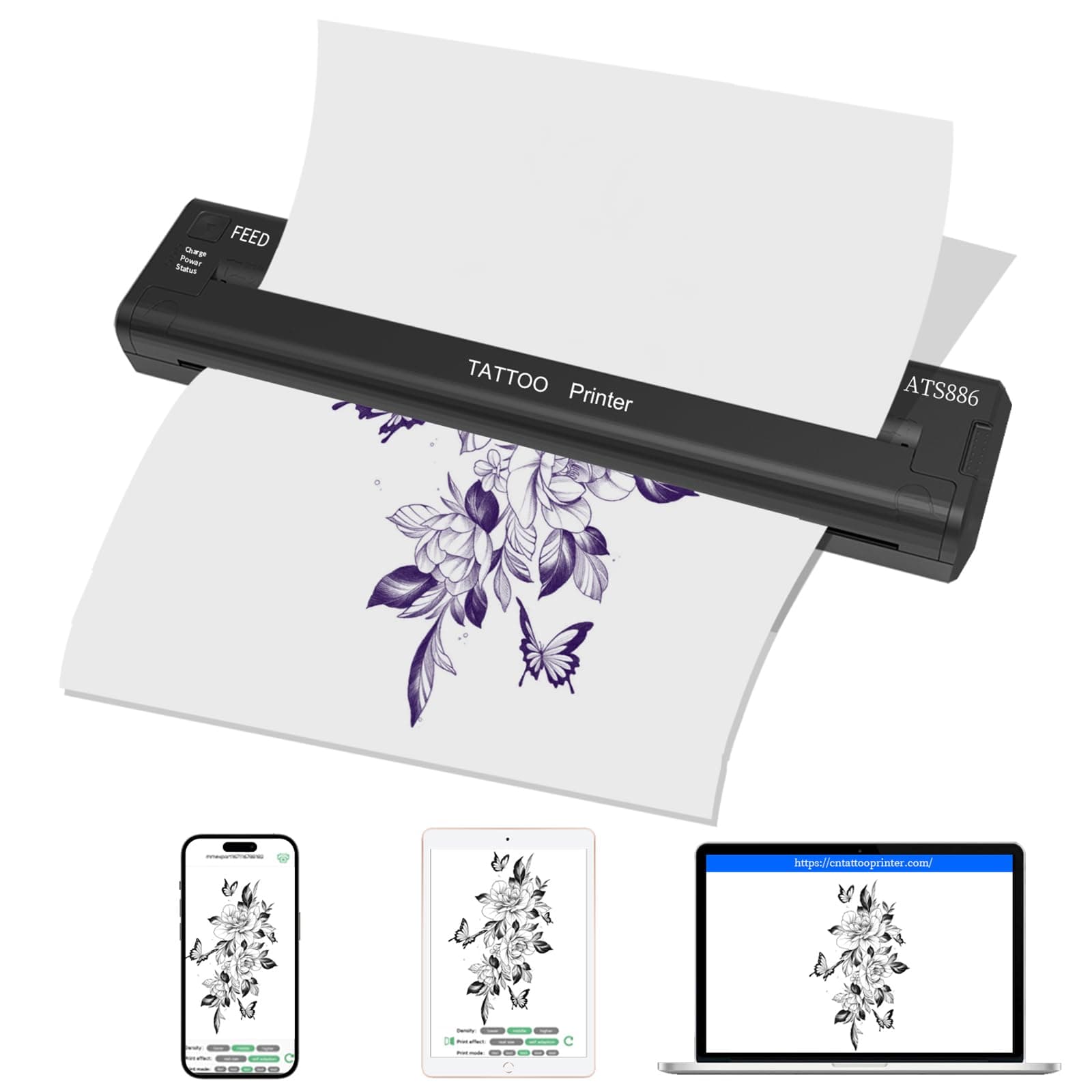 Yilong Wireless Bluetooth Tattoo Transfer Printer - Portable Machine for Artists & Beginners, Compatible with Android, iOS & PC (ATS886-Black)