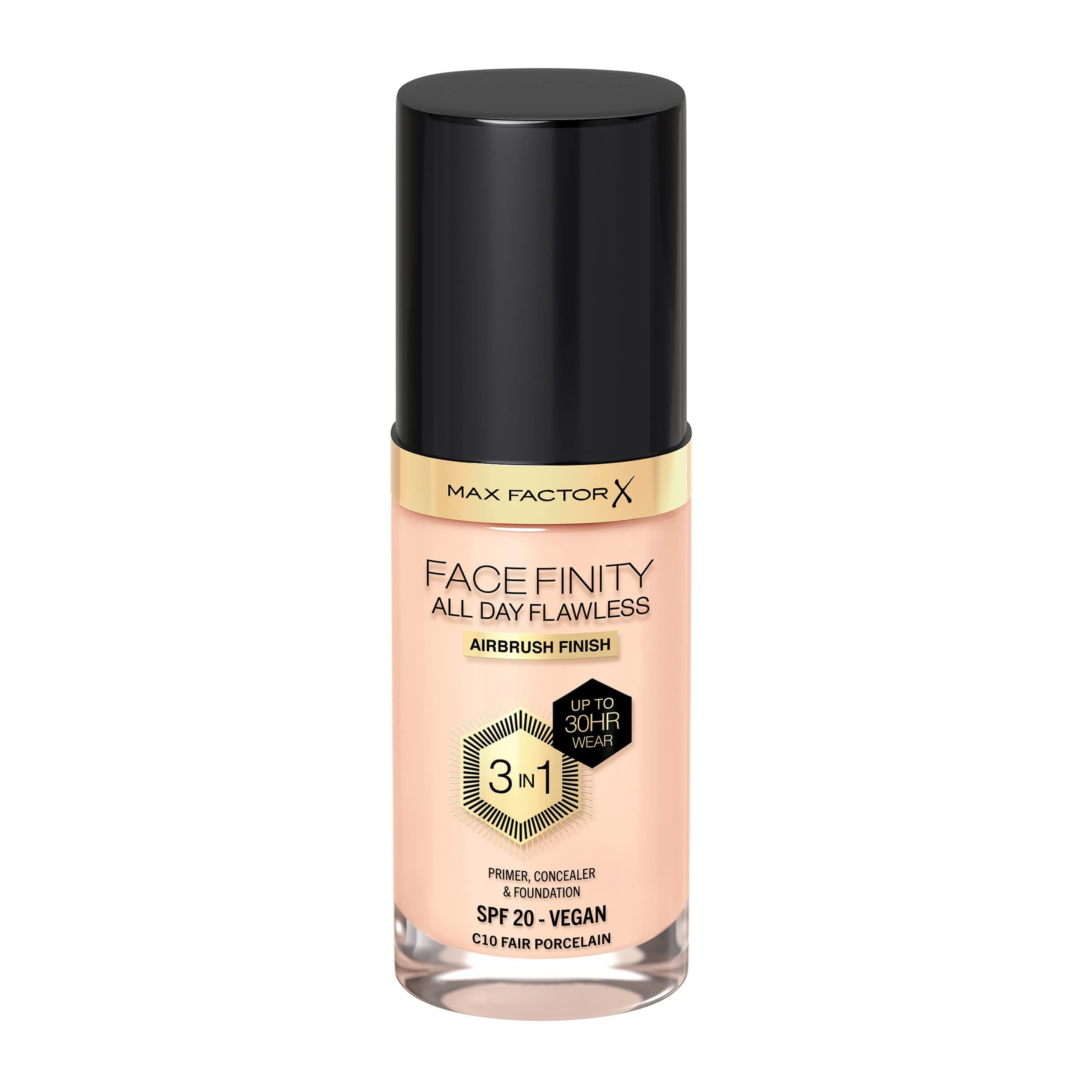 Max Factor Facefinity 3-in-1 All Day Flawless Liquid Foundation, SPF 20 - 10 Fair Porcelain, 30 ml