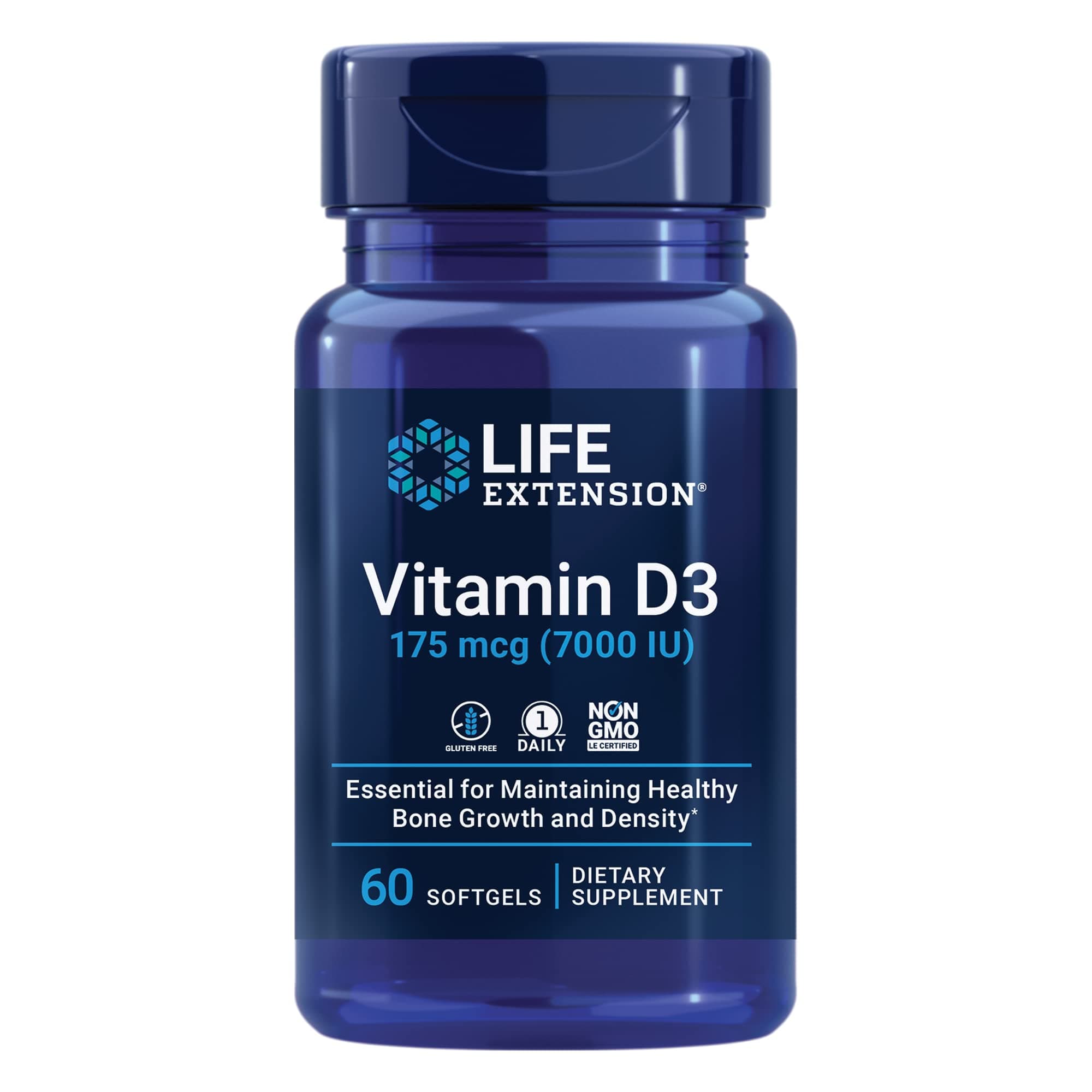 Life Extension Vitamin D3 175 mcg (7000 IU), Immune System Support, Bone Health, Brain Performance, Gluten-Free, Non-GMO, Once Daily, Two-Month Supply, 60 softgels