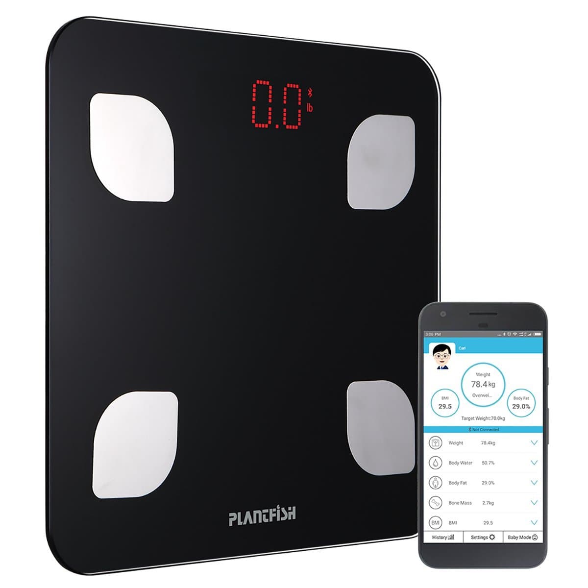 Body Fat Scale –8 Index body composition, Bluetooth 4.0 Connection, Compact Design, including 3xAAA battery, 1Year Warranty (Black)