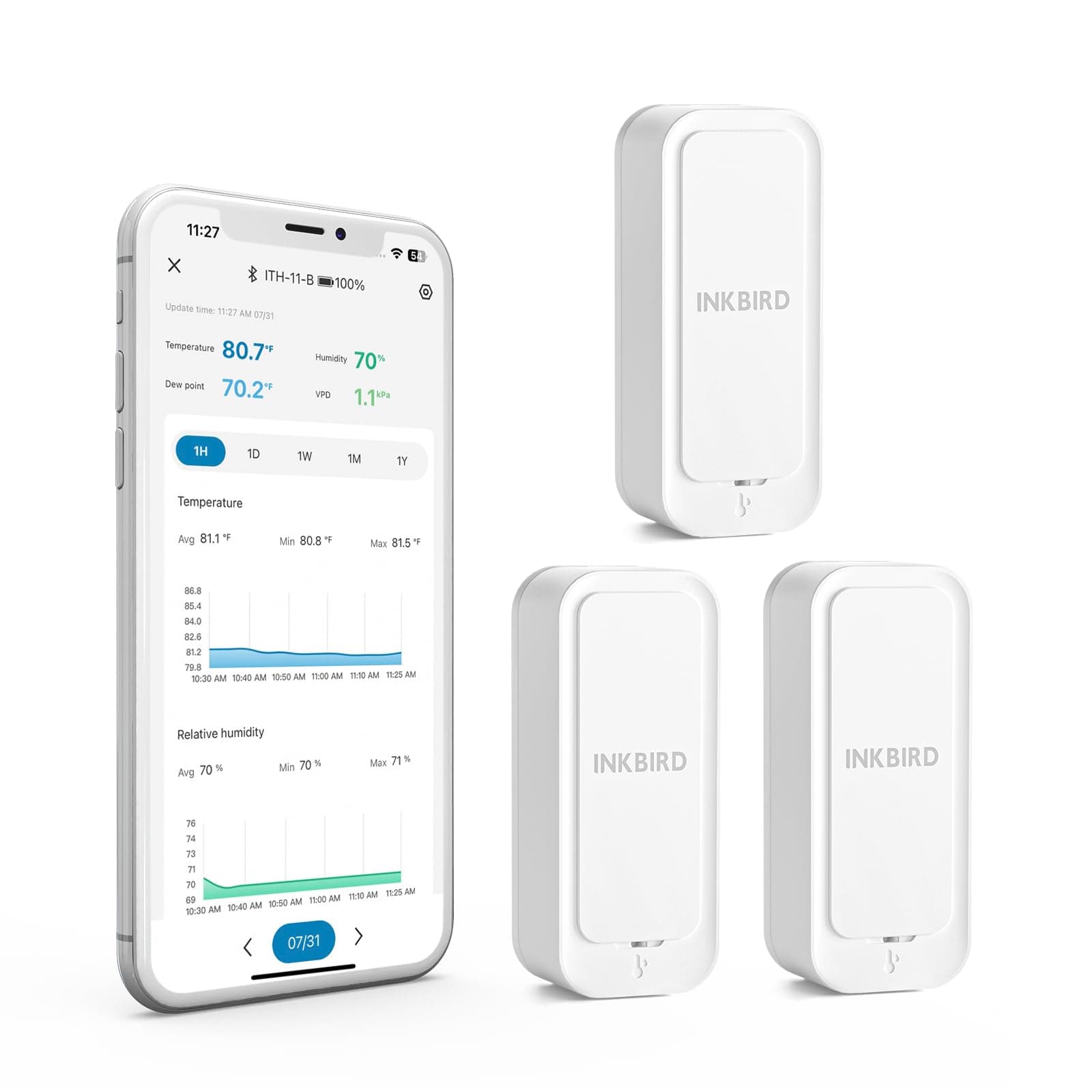 Bluetooth Thermo-hygrometer ITH-11-B (3 Packs), Temperature and Humidity Monitor with Bluetooth APP Remote Control, Ultra Long Battery Life, IP65 Waterproof for Home Reptile Refrigerator