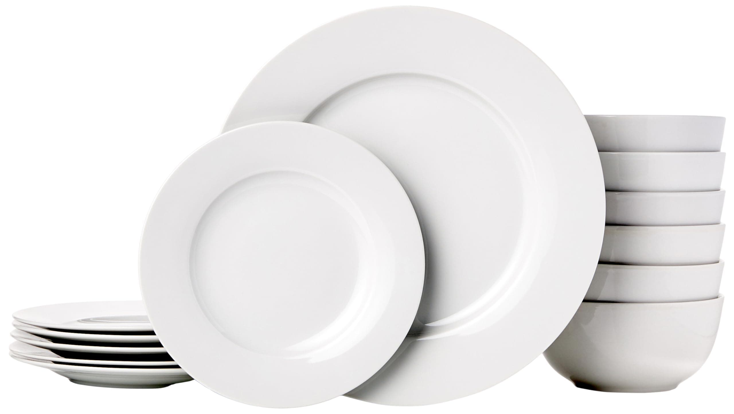 Amazon Basics Porcelain Dinnerware Set, Microwave and Dishwasher Safe, Service for 6, 18-Piece, Plates, Bowls, White