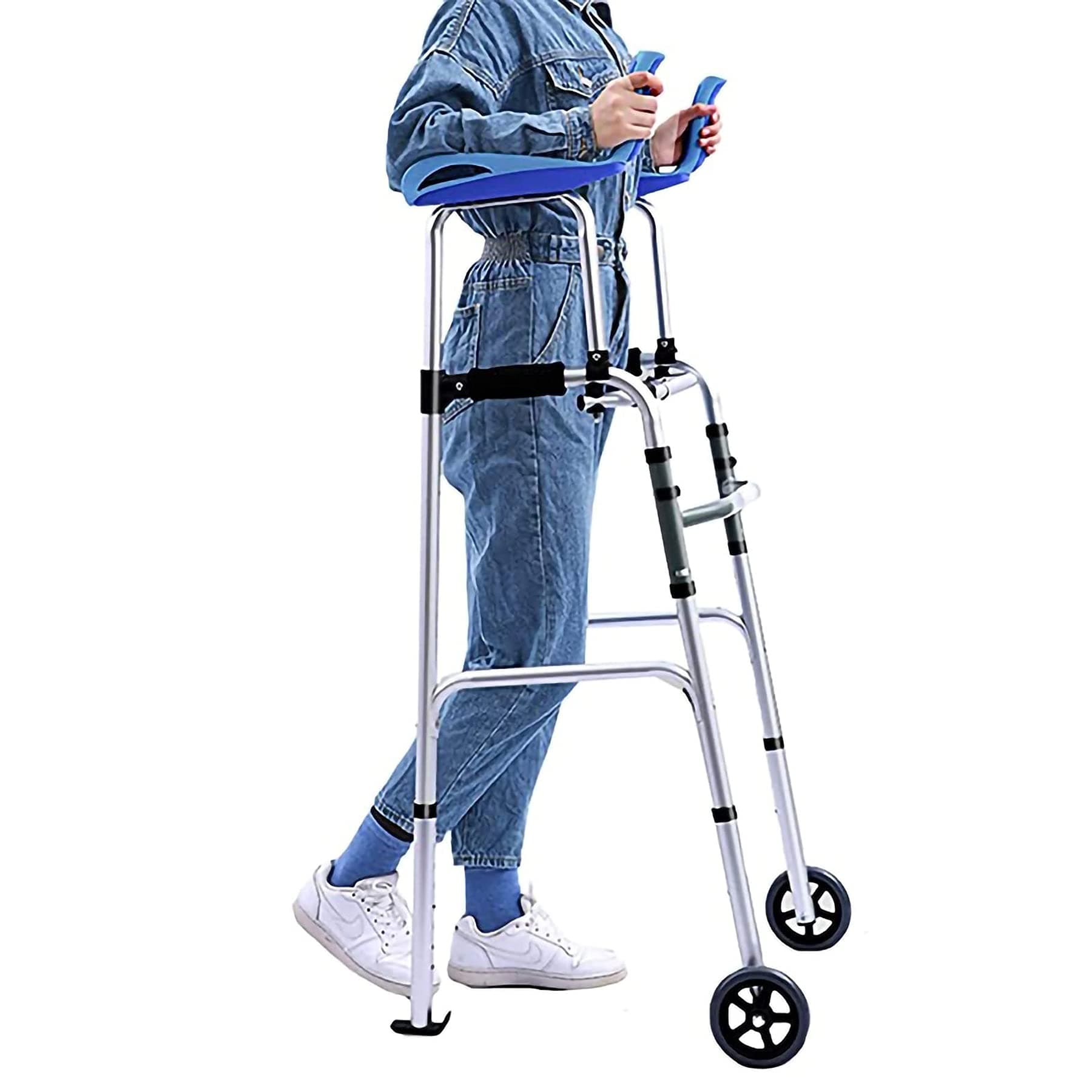 Upright Walker Rollator Stand Up Double Folding Rollator Walker Height Adjustable Rolling Mobility Walking Aid Stand Up Folding Heavy Duty for Seniors and Adults Elderly Handicap