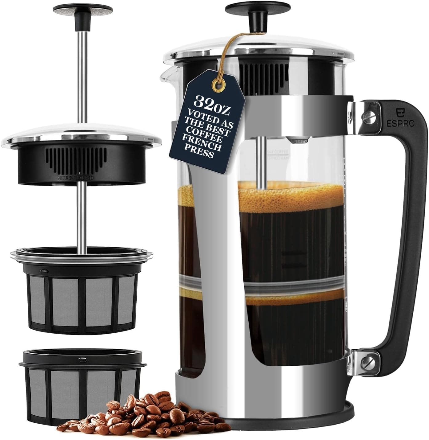 ESPRO P5 French Press Coffee Maker – Patented Double Micro-Filter for Grit Free Brew, Heat-Resistant Thicker Borosilicate Glass Coffee Press – (32 oz)
