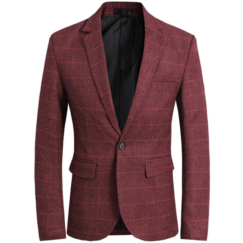 Men's Slim Fit Suits Casual One Button Flap Pockets Solid Blazer Jacket (L, Claret)