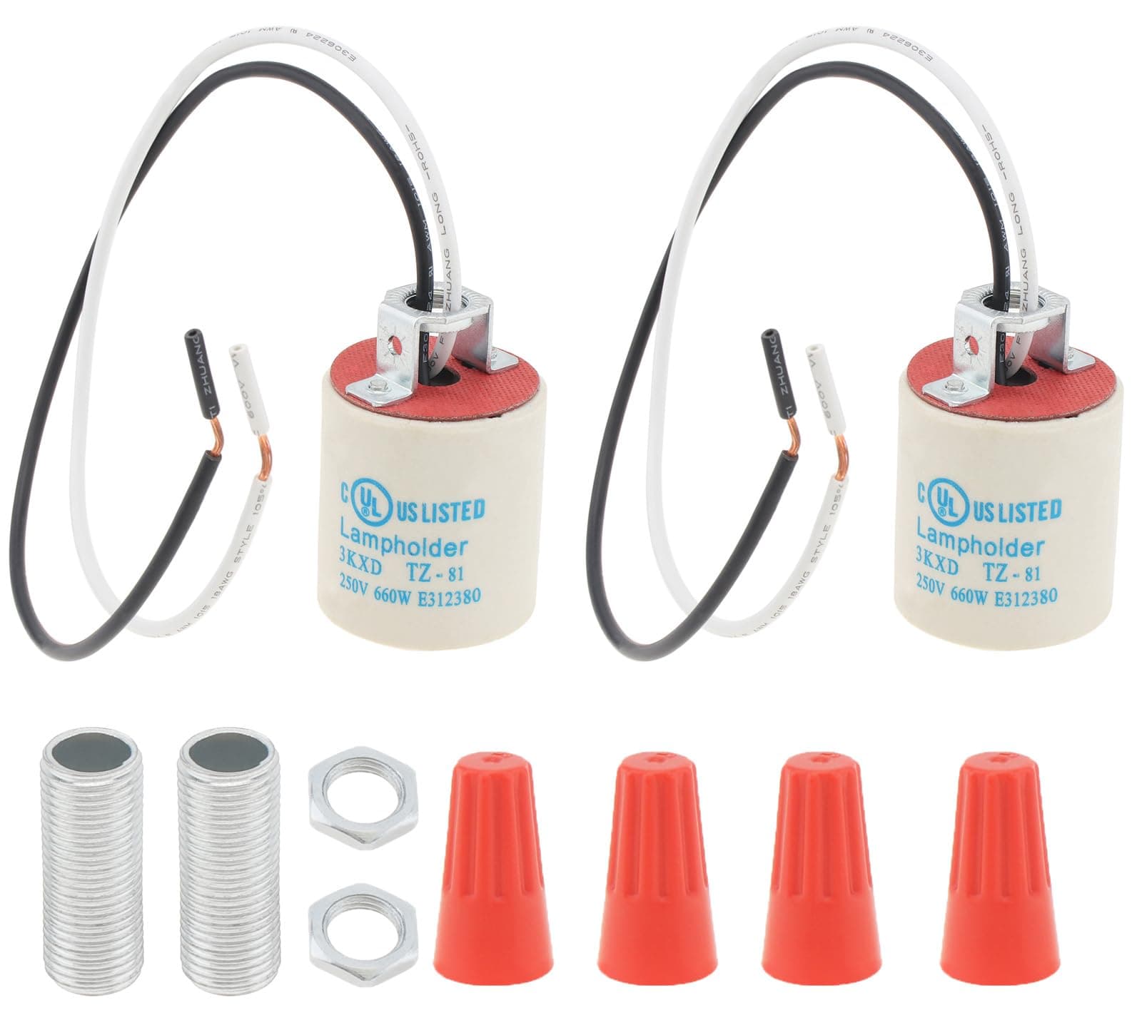 RTNLIT Ceramic E26 Light Socket, Standard Medium Base Screw Socket, Porcelain E26 E27 Bulb Lamp Holder with 10" Wire Lead for Halogen Incandescent Led Light Bulbs Replacement (Pack of 2)