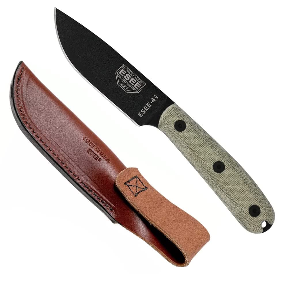 Authentic Model 4HM Fixed Blade Knife, Black Powder Blade, Micarta Handle, Leather Sheath