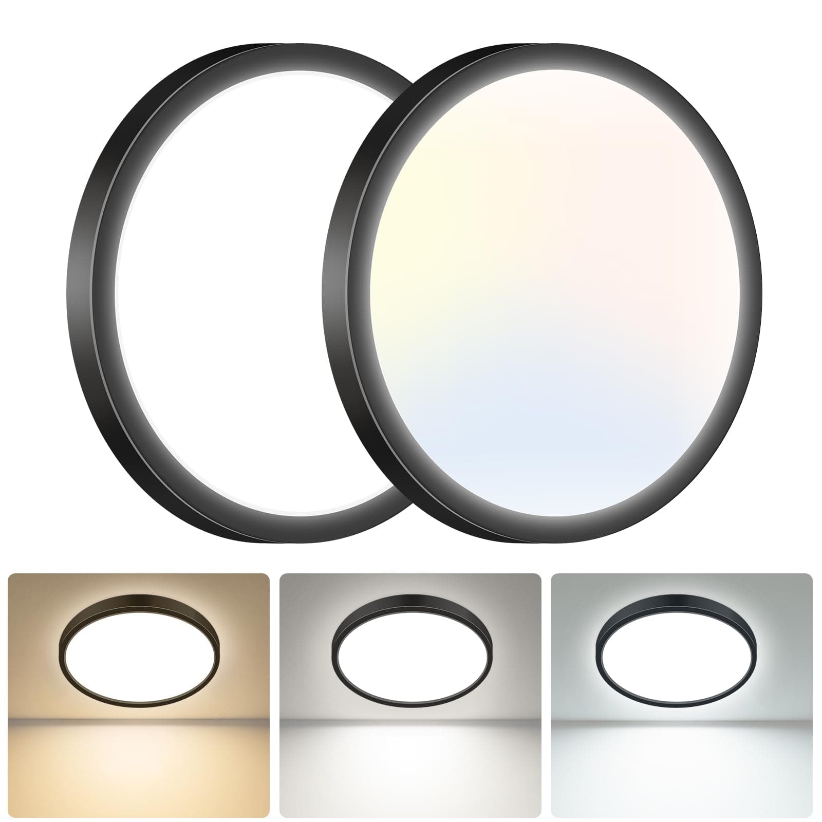 hepside LED Ceiling Light,3000K/4000K/6500K 3 Color Temperature, Waterproof IP54 LED Ceiling Lamp, Modern,Round Flush Ceiling Light for Bathroom, Living Room,Bedroom, Kitchen, Hallway, Office 2 Pack