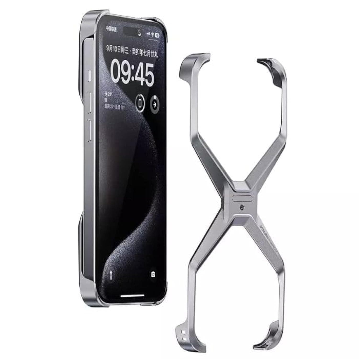 AJKingsley X Shape Anti-Fall Bare Phone Case, X Shaped Metal Frame for iPhone 15 Pro Max, Dissipate Heat Frameless Aluminum Alloy, Metal Corner Pad Anti-Fall Phone Case (Natural Titanium)